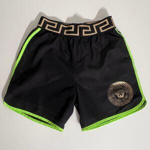 Versace Boys Medusa Swim Shorts Black Gold Greca Waist Neon Trim 5A
